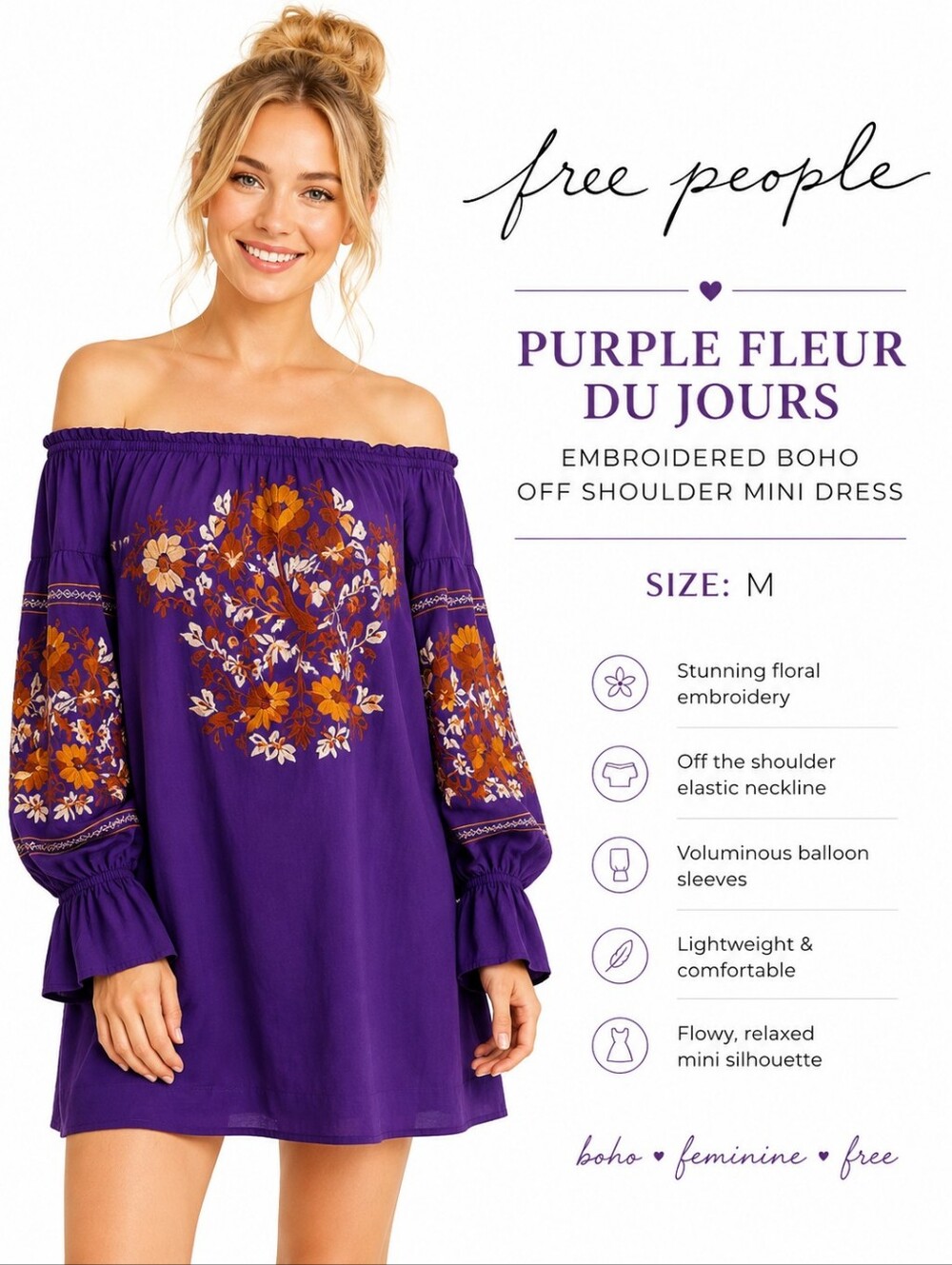 Free People Purple Fleur Du Jours Embroidered Boho Off Shoulder Mini Dre…